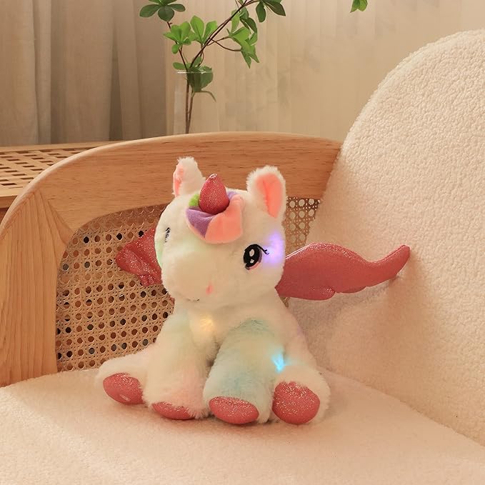Hopearl LED Musical Stuffed Unicorn Adorable Lighting Up Singing Plush Toy Adjustable Volume Lullaby Animated Soothe Birthday Festival for Kids Toddler Girls, White 11''