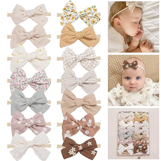 Fancy Clouds Baby Girl Bows and Headbands,14 pcs Stretchy Soft Nylon Hairbands Hair Bows for Newborns