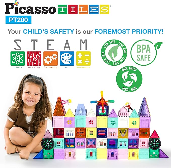 PicassoTiles 200 PCs Magnetic Tiles Castle Theme with 2 Figures 3+