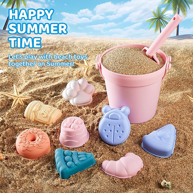 ISSEVE 23Pcs Beach Toys Set for Kids Toddlers Girls, Silicone Sand Toys Include Sand Bucket 12 Sand 3-12 (Pink)