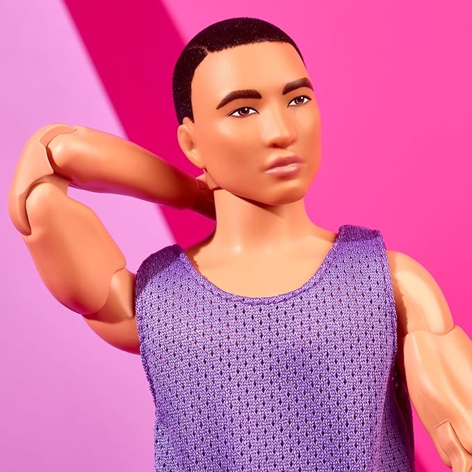 Barbie Looks Ken Fashion Doll with Black Hair Dressed in Purple Mesh Top & Pink Trousers, Posable Collectible with Made to Move Body