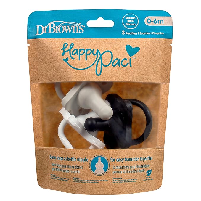 Dr. Brown's HappyPaci 100% Silicone Baby Pacifier, Contoured One-Piece Design 0-6m, BPA-Free, 3 Pack