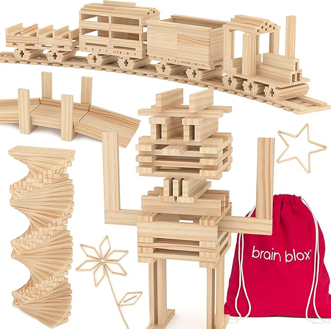 Natural Wooden Blocks for Kids Ages 4-8 - Montessori Blocks for Hands-on Learning (300 Building