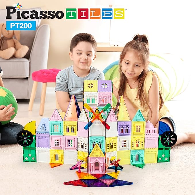 PicassoTiles 200 PCs Magnetic Tiles Castle Theme with 2 Figures 3+