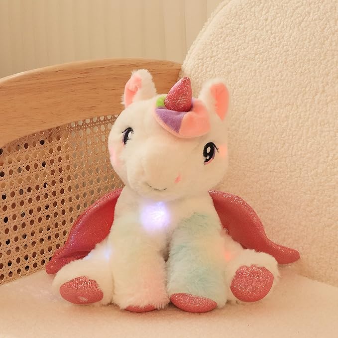 Hopearl LED Musical Stuffed Unicorn Adorable Lighting Up Singing Plush Toy Adjustable Volume Lullaby Animated Soothe Birthday Festival for Kids Toddler Girls, White 11''