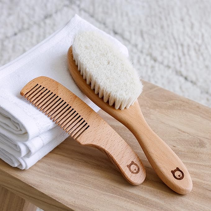 Wooden Hair Brush & Comb Set for Newborns & Toddlers - Ultra Soft Natural Goat Hair and Wood - Chic Gift Box (Oval Brush + Comb)