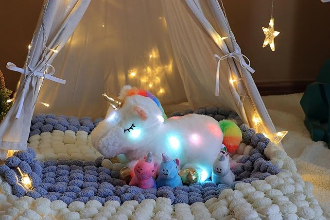 Hopearl LED Musical Stuffed Unicorn Playset Lighting Up Singing Plush Toy Mommy Unicorn with 3 Baby Unicorns in her Tummy Adjustable Volume Lullaby Animated Soothe Gifts for Kids Girls, White 19''