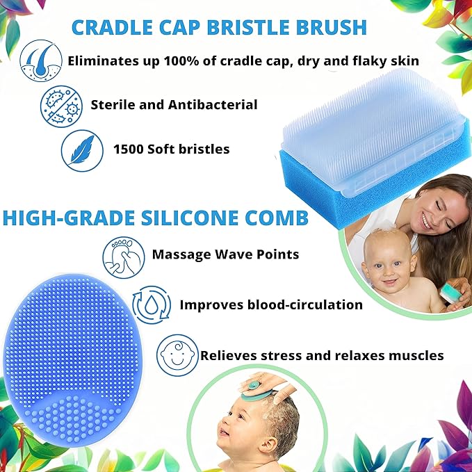 Cradle Cap Brush for Babies - Baby Sponge for Bathing Newborn Bath Essentials | Baby Brush and Comb Set Newborn - Cradle Cap Treatment | Baby Bath Sponges for Newborns (5-Pack)
