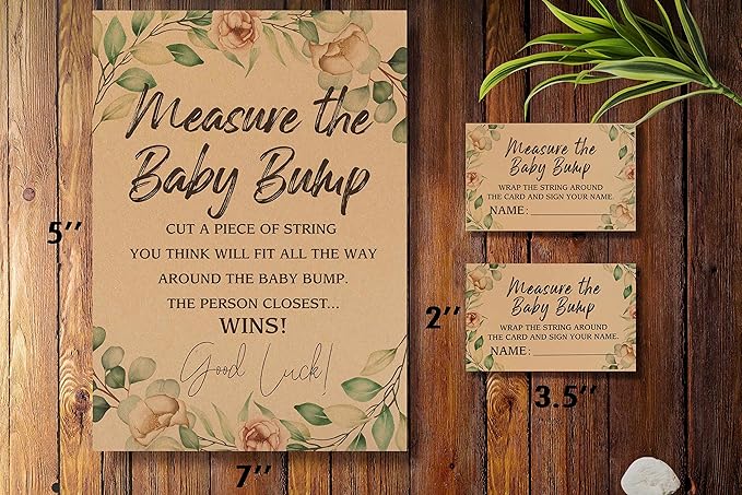 1 Measure the Baby Bump Kraft Sign & 50 Guessing Cards Set, Gender Neutral Baby Shower Games/083KF