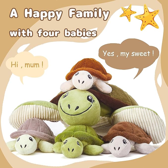 IKASA Mommy Sea Turtle Stuffed Animal Mom and Baby Plush Toy, Cute 15" Soft Small Mama Family Set Toy with Little Babies