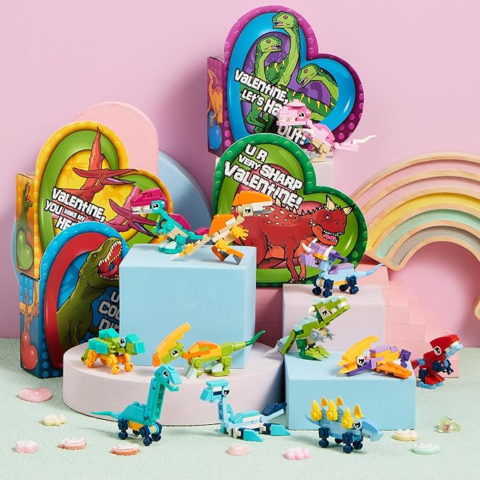 JOYIN 12 Packs Valentines Party Favors Dinosaur Building Blocks Toys with Heart Boxes for Valentine Kids Classroom Exchange, Prize Supplies, Valentine’s Gifts Exchange School Rewards