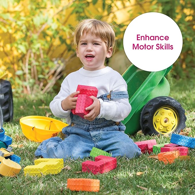 Edushape Sensory Puzzle Blocks - Set of 18 Colorful Textured Interlocking Construction Stacking Blocks 1-3