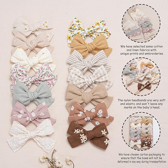 Fancy Clouds Baby Girl Bows and Headbands,14 pcs Stretchy Soft Nylon Hairbands Hair Bows for Newborns