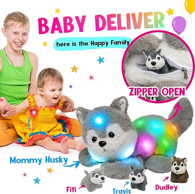 Hopearl LED Musical Stuffed Husky Lighting Up Singing Plush Toy Playset Mommy Dog with 3 Baby Puppies in her Tummy Lullaby Animated Soothe for Mom Toddler Girls, Gray 17''
