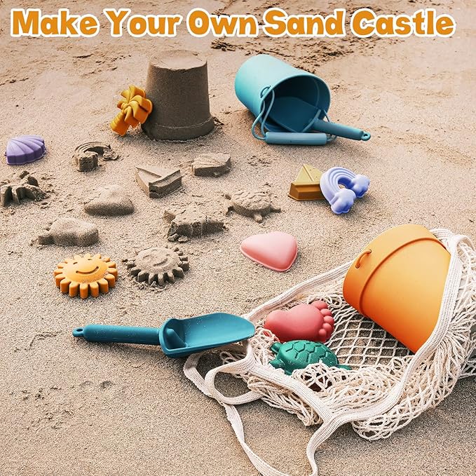 Hungdao 14 Pcs Silicone Beach Toys Travel Beach Set Sand Toys Include 2 Silicone Bucket Pail, 2 Shovel 9 Sand 1 Beach