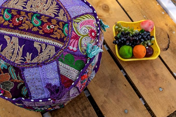 THE ART BOX Cotton Patchwork Vintage Boho Embroidered Bean Bag Seating Pouf Covers Ottoman Kids Stool Decorative Chair Boho Home Décor (14x22 Inches, Cover Only)