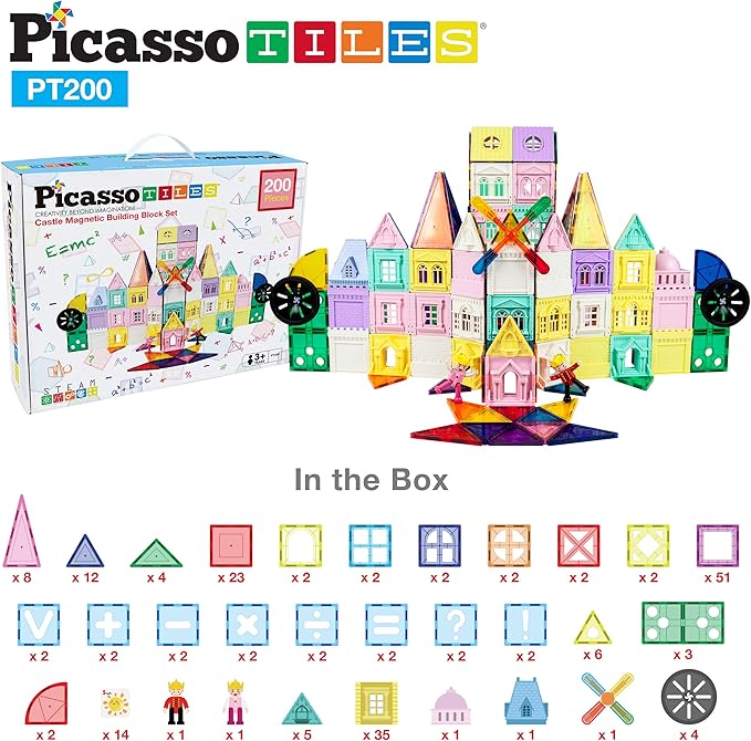 PicassoTiles 200 PCs Magnetic Tiles Castle Theme with 2 Figures 3+