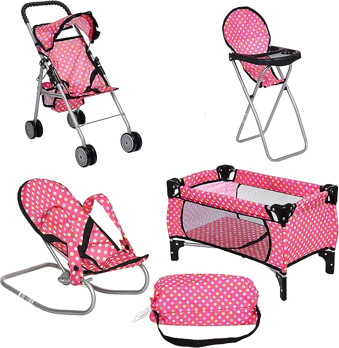 fash n kolor 4 Piece Doll Play Set, includes - 1 Pack N Play. 2 Doll Stroller 3.Doll High Chair. 4.Infant Seat 18'' Doll (4 Piece