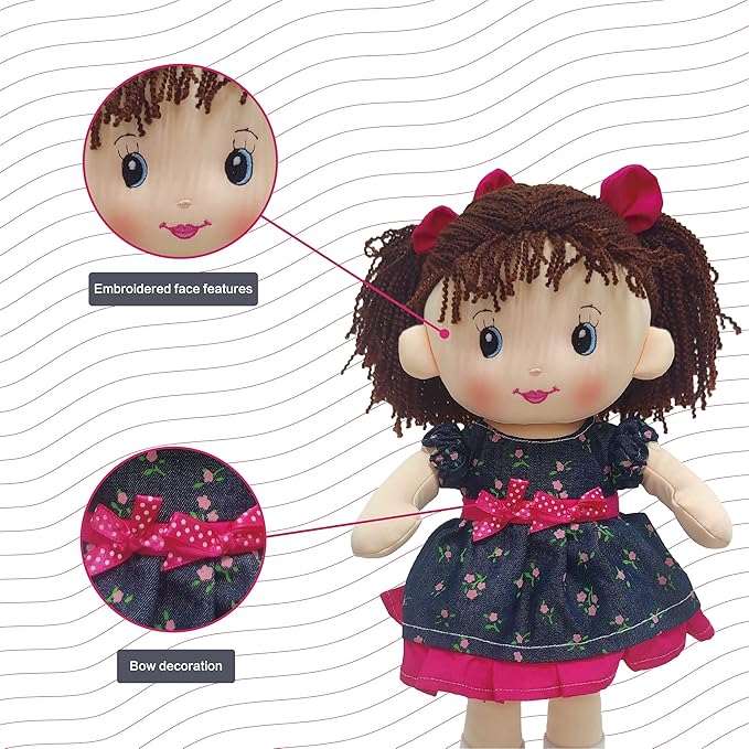 Linzy Plush 16" Libby Soft Plush Rag Doll with Navy Blue Dress and Printed Magenta Roses, Rag Doll for Girls (93864-2),L-93864-2