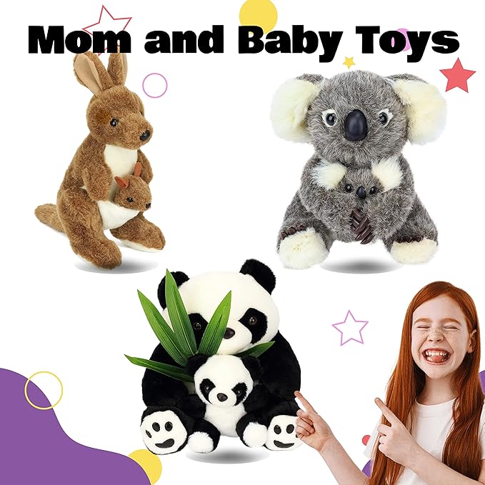Hopearl Kangaroo Mama and Baby Joey Stuffed Animal Soft Plushie Toy Jungle Baby Shower Nursery Décor Zoo Animals for Toddlers Adorable Stuffed Kangaroos Gifts for Kids Boys Girls, Brown 11.5''