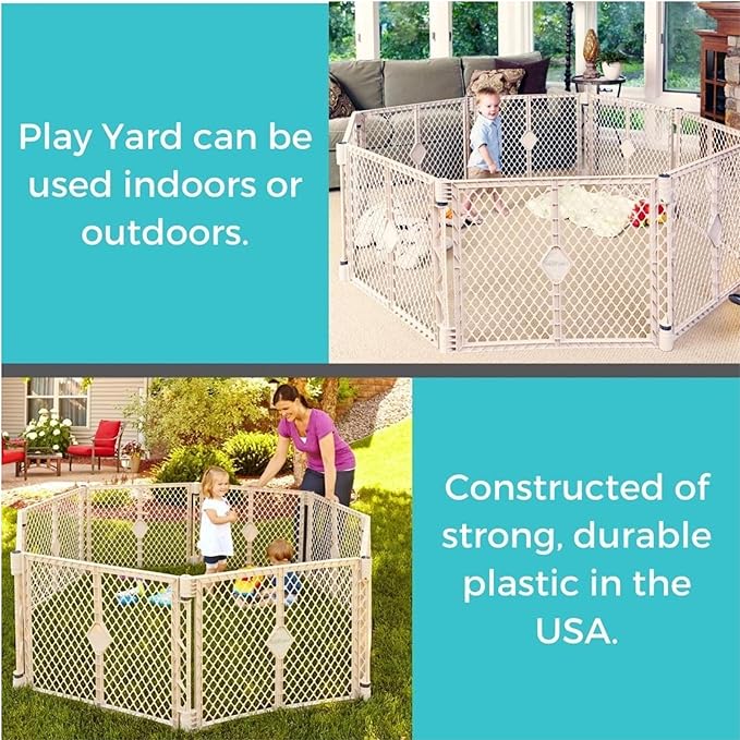 Toddleroo by North States Superyard 8 Panel Free Standing Play Yard, Indoor or Outdoor Baby Playpen, Baby Gate. Made in USA. 6.5 feet corner to corner play pen (26" Tall, Sand)