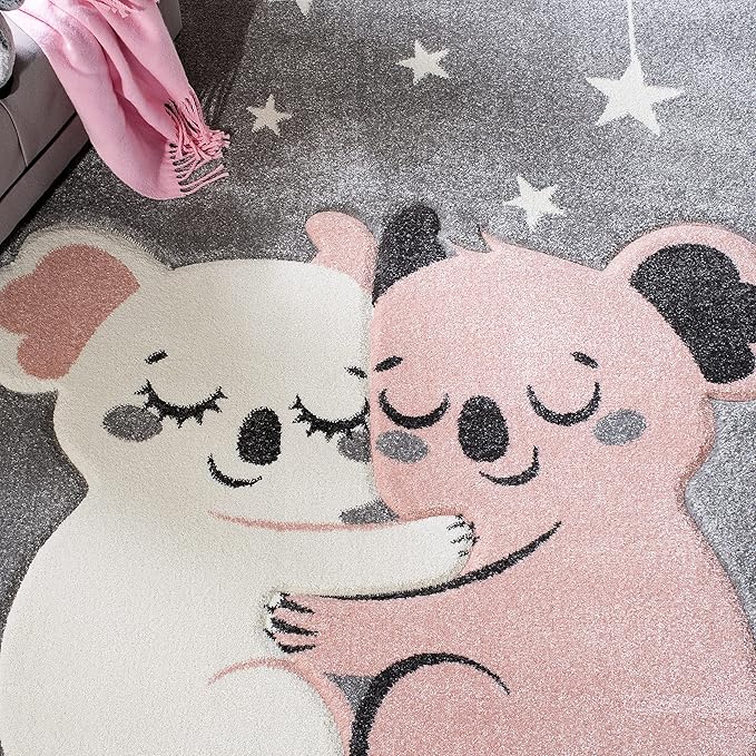 SAFAVIEH Carousel Kids Collection 5'3" Square Grey/Ivory CRK195F Koala Hug Non-Shedding Nursery Playroom Area Rug