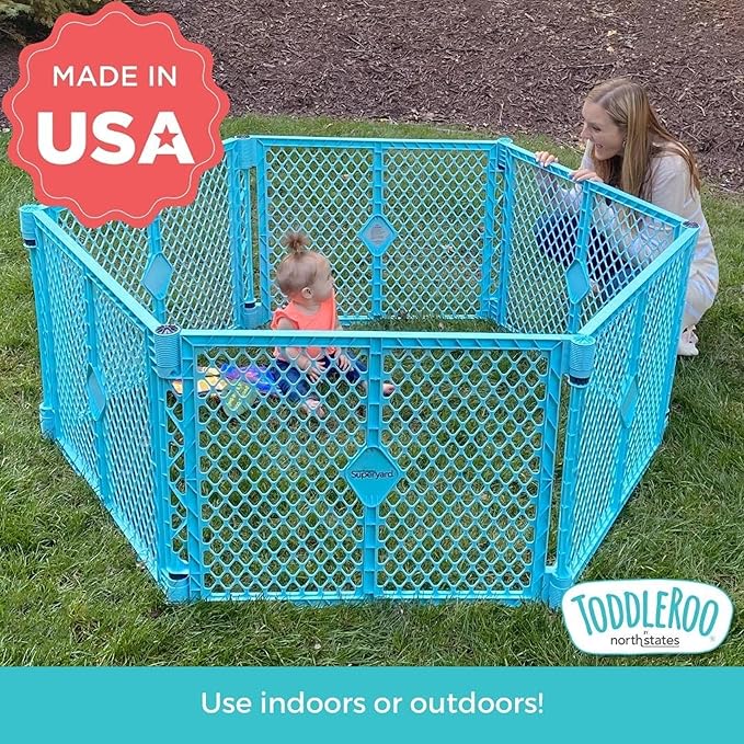 Toddleroo by North States Superyard 6 Panel Free Standing Play Yard, Indoor or Outdoor Baby Playpen, Baby Gate. Made in USA. 5.5 feet Corner to Corner Play Pen (26" Tall, Aqua)
