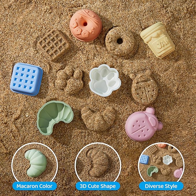 ISSEVE 23Pcs Beach Toys Set for Kids Toddlers Girls, Silicone Sand Toys Include Sand Bucket 12 Sand 3-12 (Tender