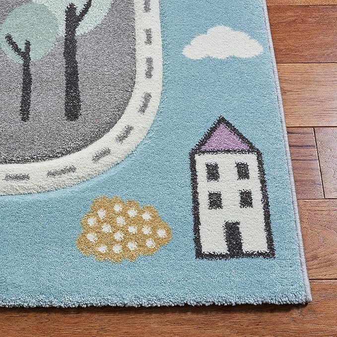 SAFAVIEH Carousel Kids Collection Area Rug - 8' Square, Grey & Light Blue, Non-Shedding & Easy Care, Ideal for High Traffic Areas for Boys & Girls in Playroom, Nursery, Bedroom (CRK193F)