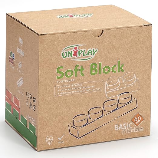 UNiPLAY Basic Soft Building Blocks — Cognitive Development Toy, Educational Blocks, Interactive Sensory Chew Toy for Ages 3 Months and Up (60-Piece Set)