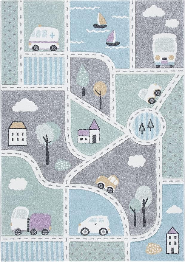 SAFAVIEH Carousel Kids Collection Area Rug - 6'7" x 9', Grey & Light Blue, Non-Shedding & Easy Care, Ideal for High Traffic Areas for Boys & Girls in Playroom, Nursery, Bedroom (CRK193F)