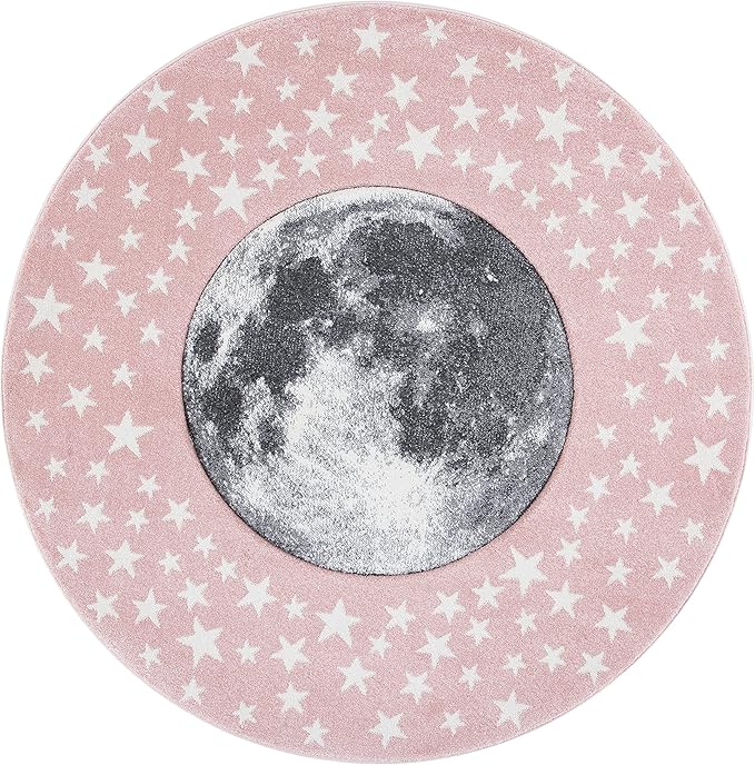 SAFAVIEH Carousel Kids Collection 6'7" Round Pink/Grey CRK135U Moon & Stars Non-Shedding Playroom Nursery Bedroom Area Rug