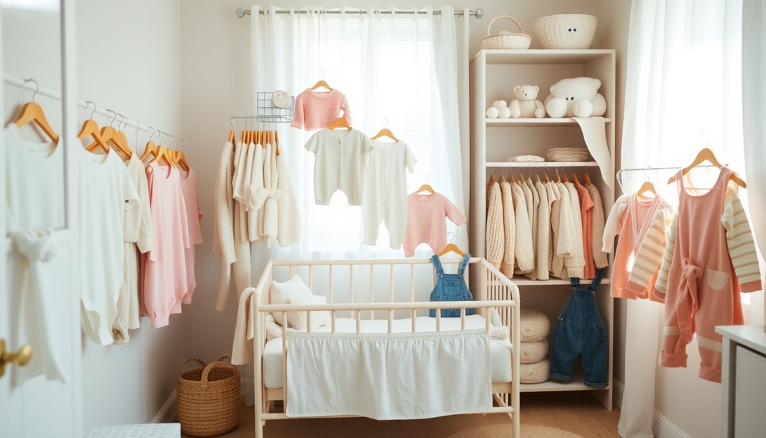 Collection of baby clothing essentials including organic cotton bodysuits, sleepers, and accessories.