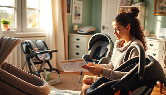 Parent securing baby in a safe car seat with a stroller nearby.