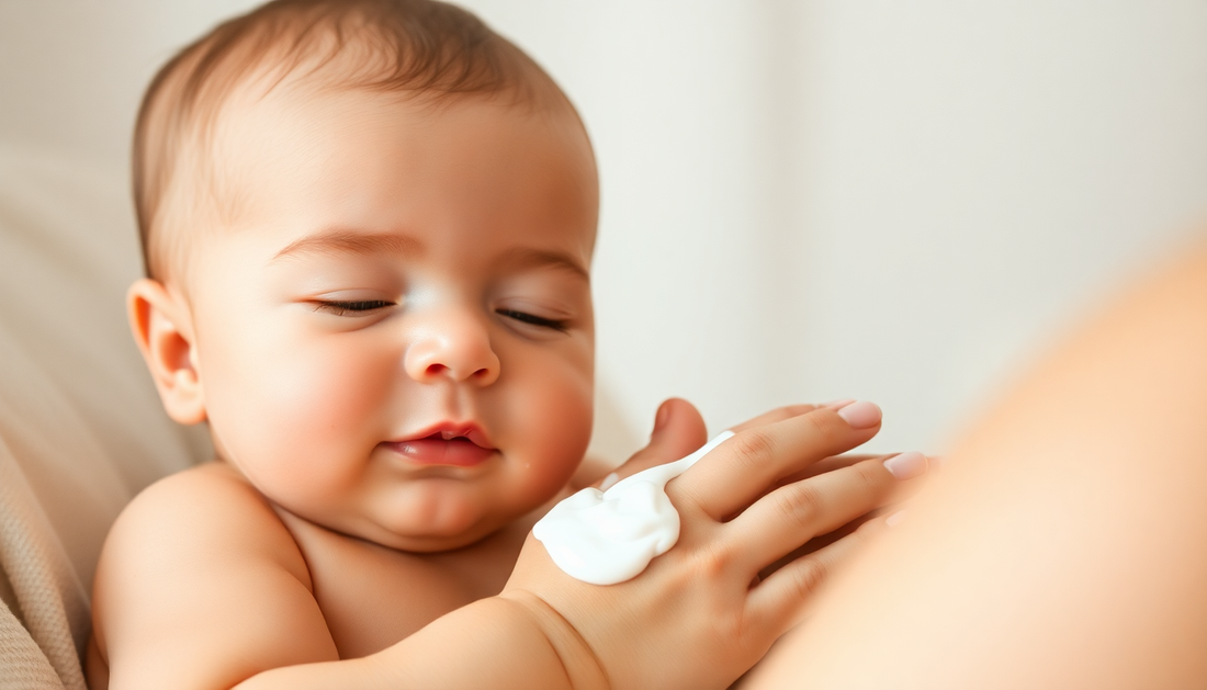 Baby with glowing, healthy skin surrounded by hypoallergenic skincare products.
