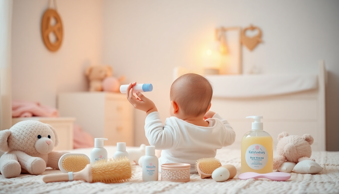 Baby with soft, healthy hair surrounded by gentle hair care products
