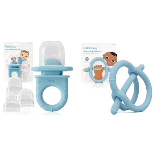 Frida Baby Push Pop Feeder, Baby Fruit Feeder + Get-A-Grip Teether Teething Toy | 100% Food-Grade Silicone Food Pacifier & Teether Toy for Baby 0-6 12, 18