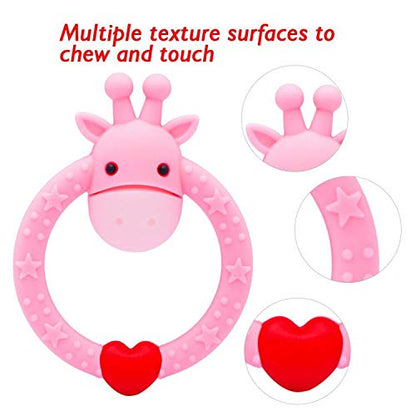 SHARE&CARE BPA Free Silicone Giraffe Baby Teether Toy with Storage Case, for 3 Months Above Infant Sore Gums Pain Relief and Baby Shower