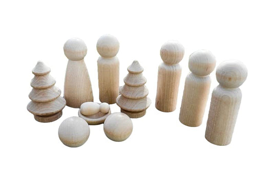 Nativity Wood Dolls, Baby Jesus and Manger, Mary, Joseph, 2 Blank Sheep, 3 Wisemen, 2 Miniature Trees, DIY Peg Dolls, Unfinished Pegs
