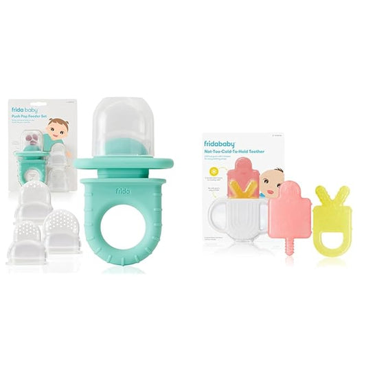 Frida Baby Push Pop Feeder, Baby Fruit Feeder + 4-in-1 Teether Teething Toy 100% Food-Grade Silicone Food Pacifier and Teether Toy for Baby 0-6 12, 18