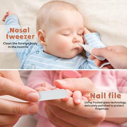 Baby 7 in 1 Grooming Set, Nail Scissors, Nail File, Tweezers, Natural Wood Hair Comb, Storage Basket for Children and Newborns in Beautiful Gift Box