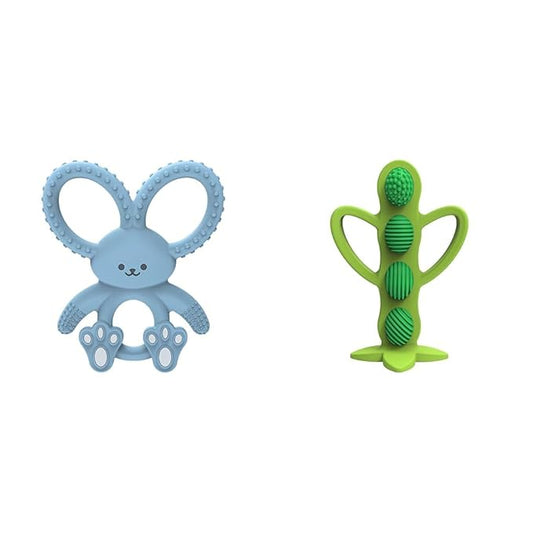 Dr. Brown's Flexees Blue Bunny Silicone Teether and Peapod Teether Toothbrush Bundle for Baby, 3m+
