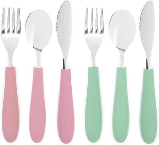 Elk and Friends Kids Silverware with Silicone Handle | Childrens Safe Flatware | Kids Utensils | Spoon + Fork + Knife set | 4 years+ | 6 Pieces