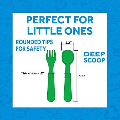 Re-Play Made in USA Toddler Forks and Spoons, Pack of 8 Without Carrying Case - 4 Kids Forks with Rounded Tips and 4 Deep Scoop Toddler Spoons - 0.2" Thick Toddler Utensils, Meadow