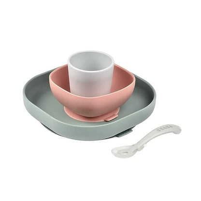 BEABA Silicone 4 Piece Baby Feeding Set, Suction Plates for Baby, Includes Plate, Bowl, Cup, 2nd Stage Silicone Spoon, High Grade Food Safe Silicone, Baby Must Haves, Eucalyptus