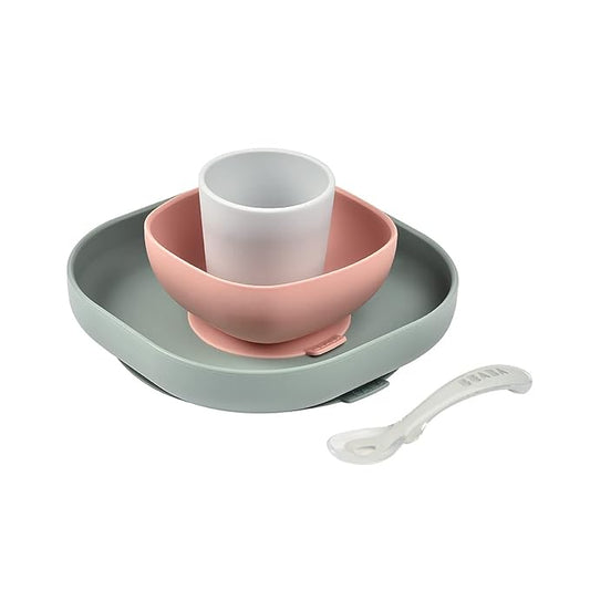 BEABA Silicone 4 Piece Baby Feeding Set, Suction Plates for Baby, Includes Plate, Bowl, Cup, 2nd Stage Silicone Spoon, High Grade Food Safe Silicone, Baby Must Haves, Eucalyptus