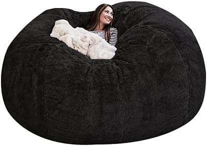 Giant Fur Bean Bag Cover (Cover only, no Filler) Living Room Furniture Big Round Soft and Fluffy Artificial Fur Bean Bag Lazy Sofa Bed Cover (6FT+New Black)