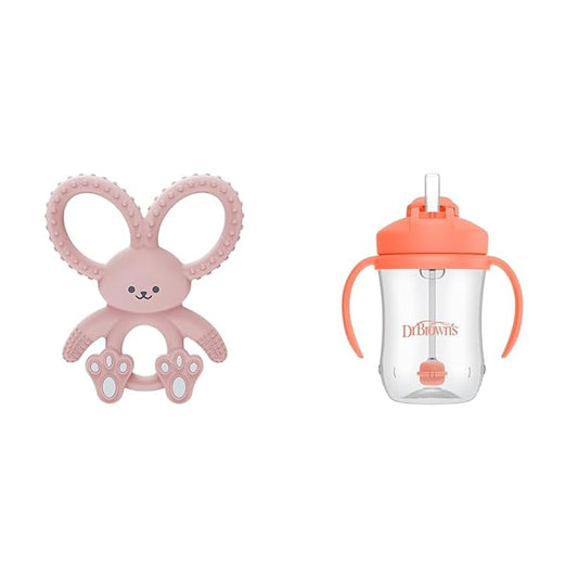 Dr. Brown's Flexees Pink Bunny Silicone Baby Teether, BPA Free 3m+ & 6m+