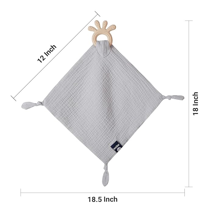 Baby Muslin Security Blanket with Food Grade Silionce Teether,Soothe Teething Toy for Boys and Girls 100% Polyester