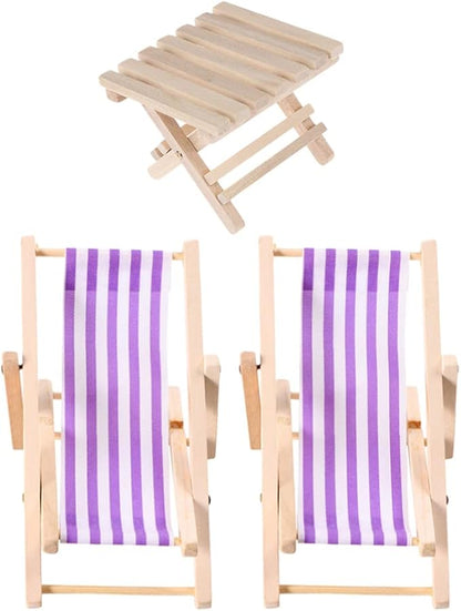 STOBOK Beach Accessories 3 Pcs Miniature Beach Chair Foldable Wooden Beach Chair Mini Lounge Chair Model Stripe Sunbath Chair and Desk Set Adorn for Kids Adults (Purple) Tiny Home